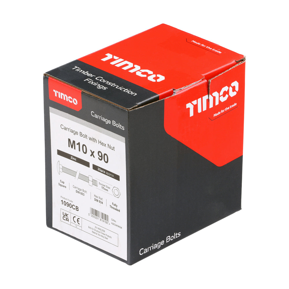 This is an image of Timco - Carriage Bolts & Hex Nuts - Zinc M10 x 90mm - (25 PCS Box) 1090CB