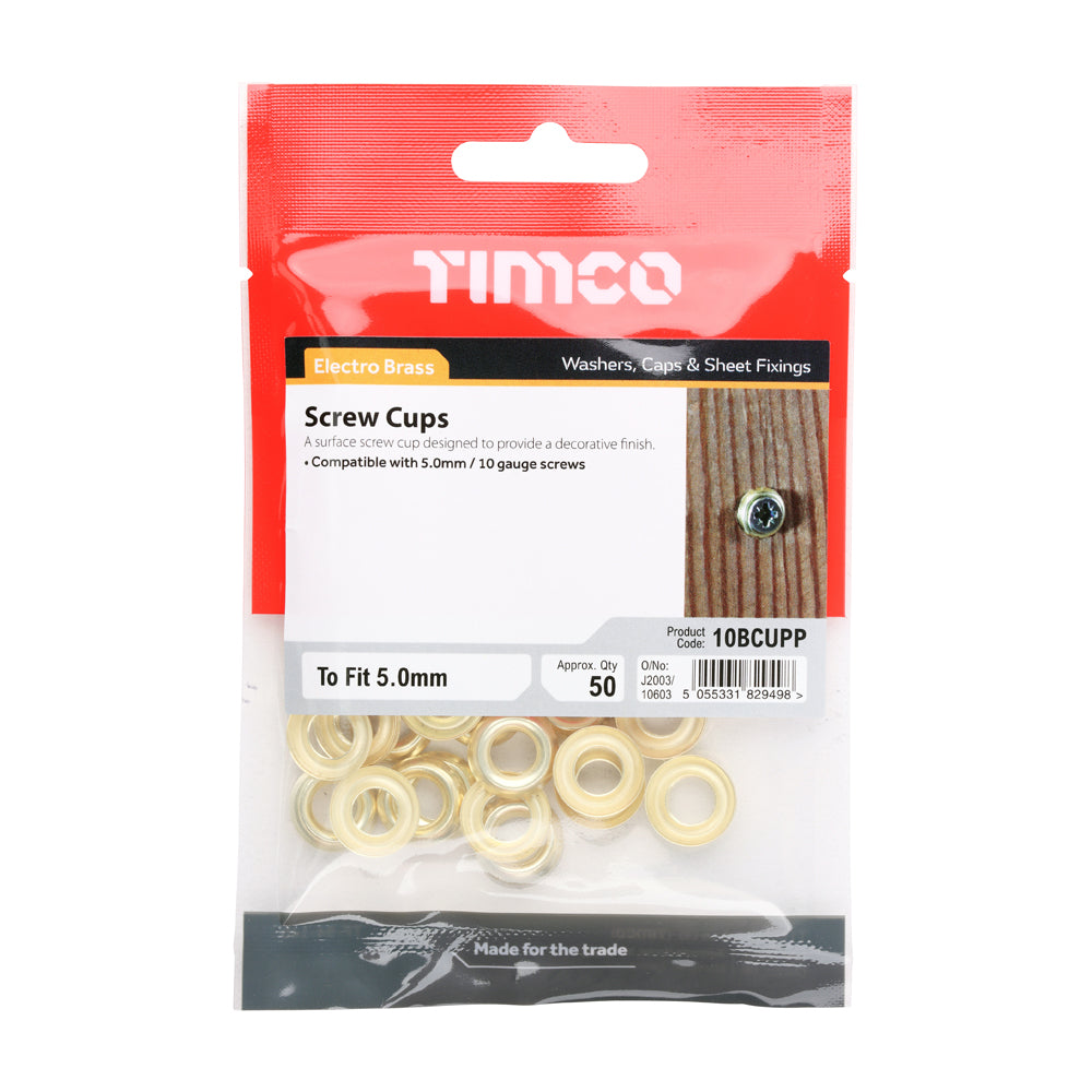 This is an image of Timco - Screw Cups - Electro Brass To fit 10 Gauge Screws - (50 PCS TIMpac) 10BCUPP