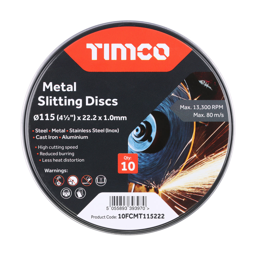 This is an image of Timco - Bonded Abrasive Disc - For Cutting 115 x 22.2 x 1.0 (10 Pieces Tin) 10FCMT115222