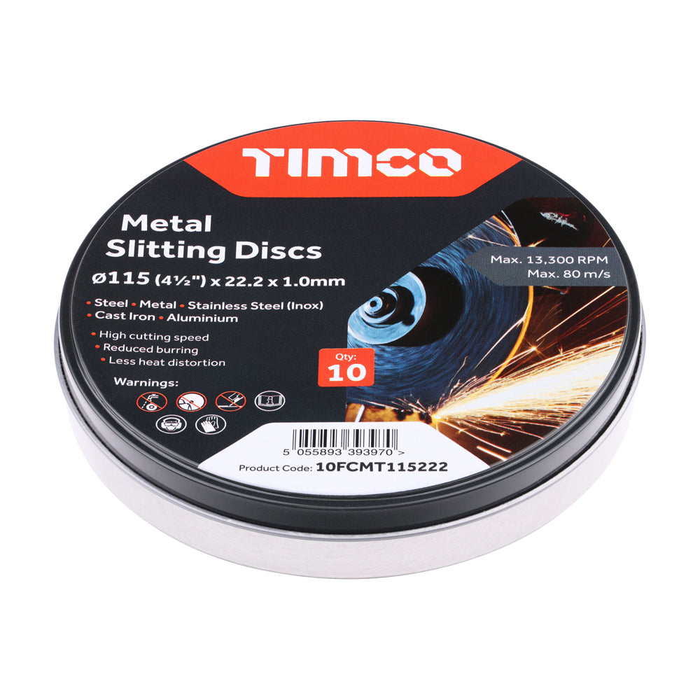 This is an image of Timco - Bonded Abrasive Disc - For Cutting 115 x 22.2 x 1.0 (10 Pieces Tin) 10FCMT115222