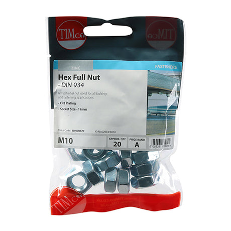 This is an image of Timco - Hex Full Nuts - Zinc M10 - (20 PCS TIMpac) 10HNUTZP