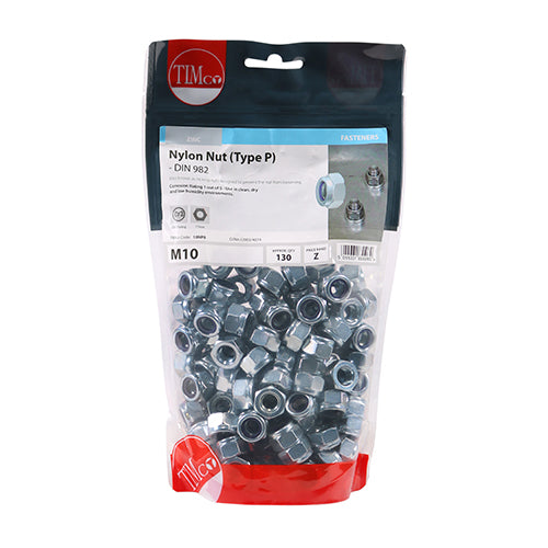 This is an image of Timco - Nylon Nuts - Type P - Zinc M10 - (130 PCS TIMbag) 10NPB