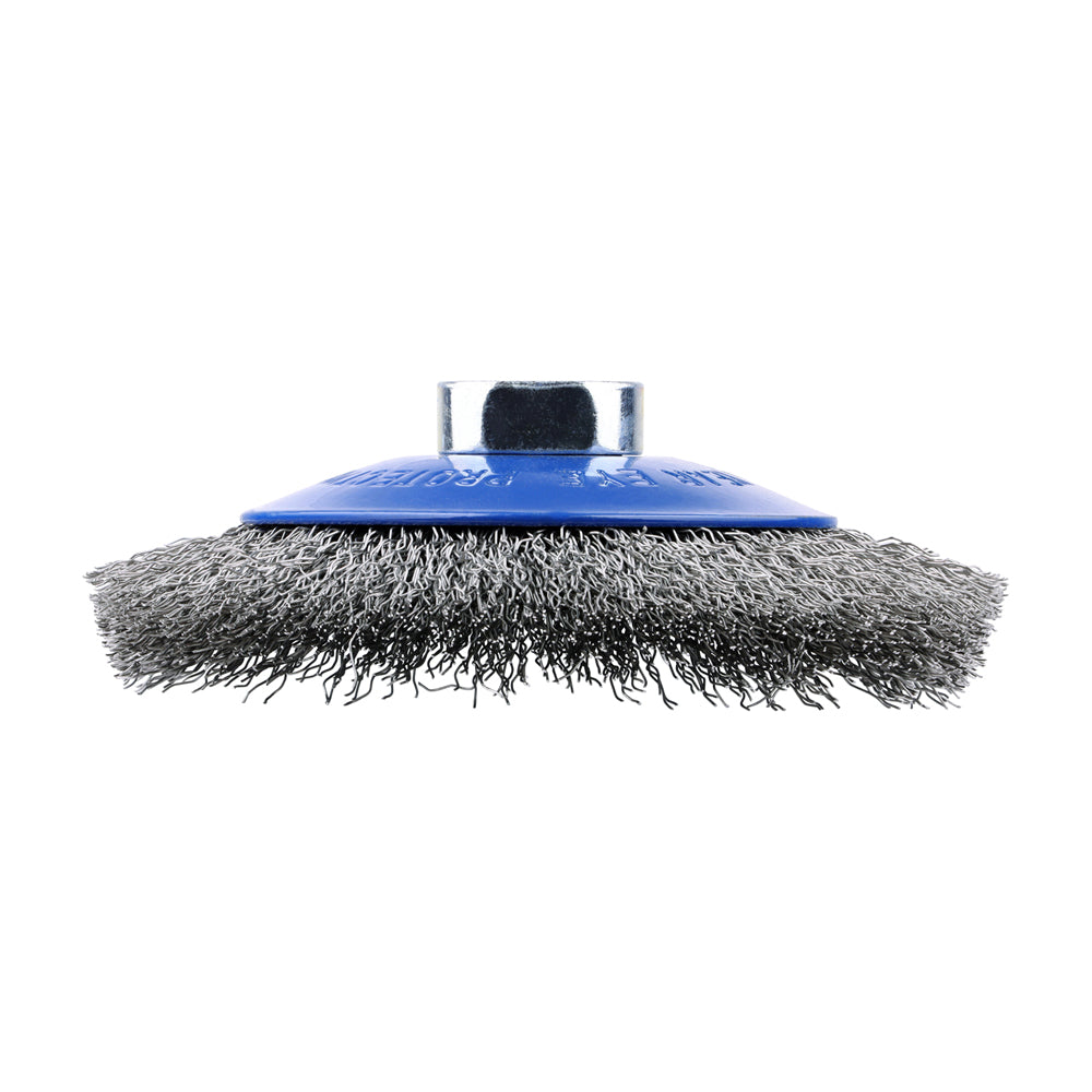 This is an image of Timco - Angle Grinder Bevel Brush - Crimped Stainless Steel 115mm (1 Each Blister Pack) 115TBCSS