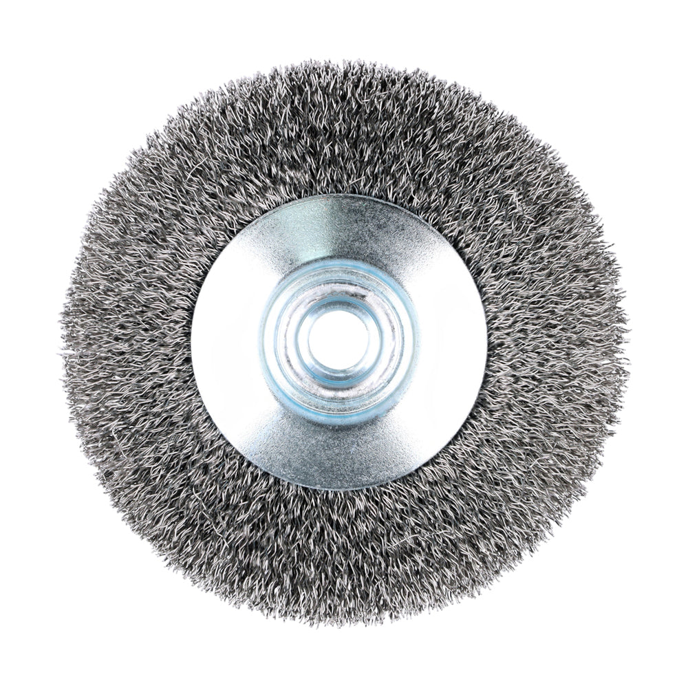 This is an image of Timco - Angle Grinder Bevel Brush - Crimped Stainless Steel 115mm (1 Each Blister Pack) 115TBCSS