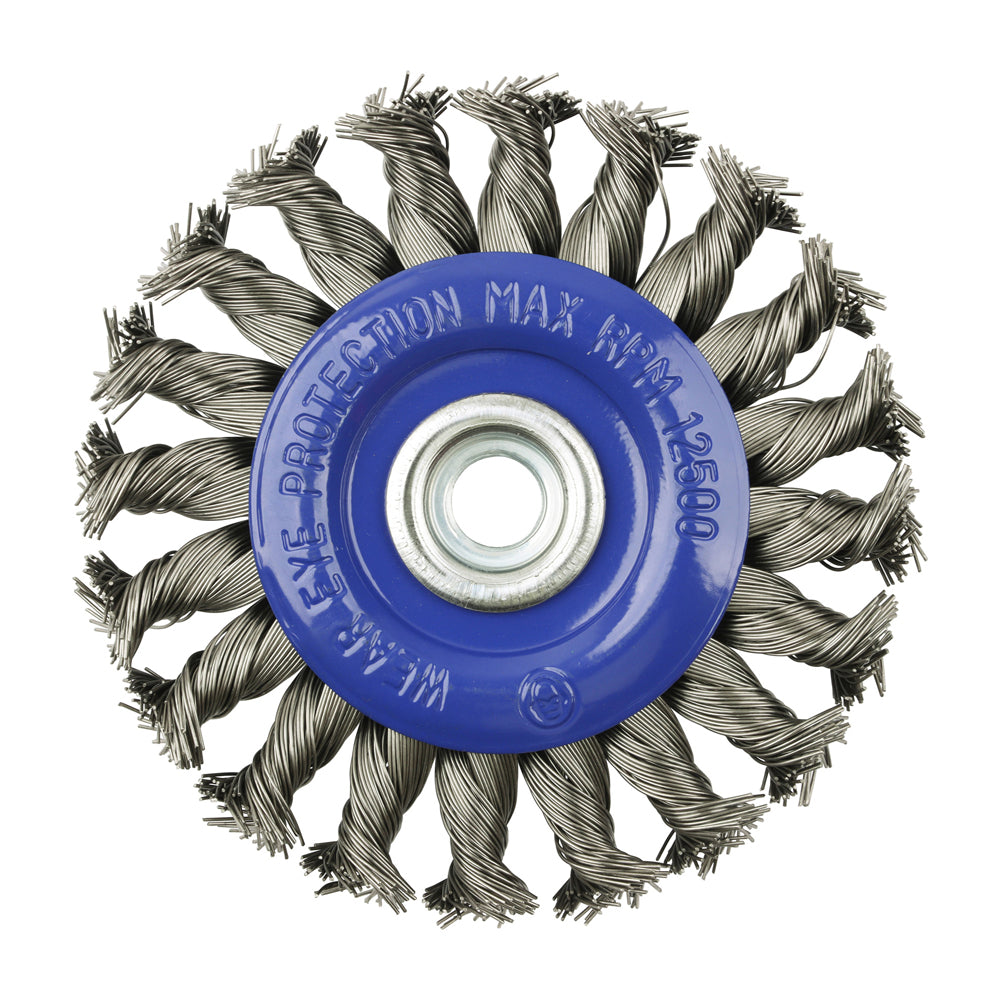 This is an image of Timco - Angle Grinder Wheel Brush - Twisted Knot Stainless Steel 115mm (1 Each Box) 115TWTSS