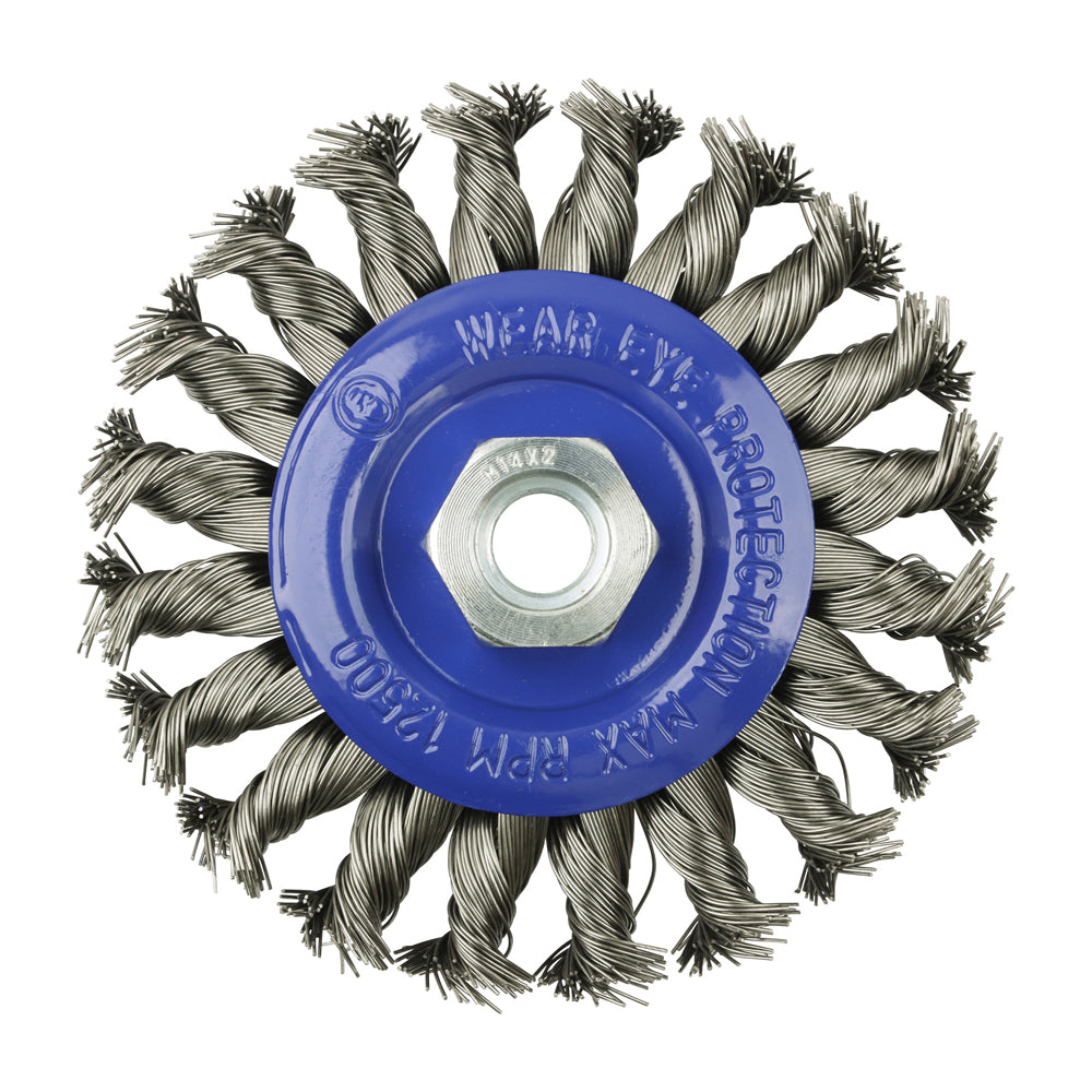 This is an image of Timco - Angle Grinder Wheel Brush - Twisted Knot Stainless Steel 115mm (1 Each Box) 115TWTSS