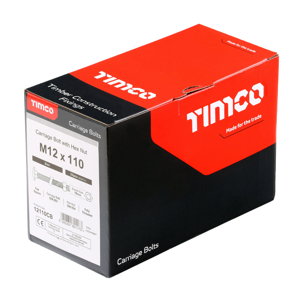 This is an image of Timco - Carriage Bolts & Hex Nuts - Zinc M12 x 110mm - (25 PCS Box) 12110CB