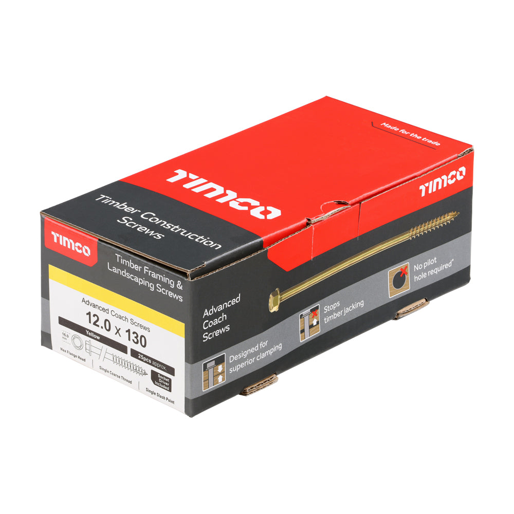 This is an image of Timco - Advanced Coach Screws - Hex Flange - Yellow 12.0 x 130mm - (25 PCS Box) 12130SCSY