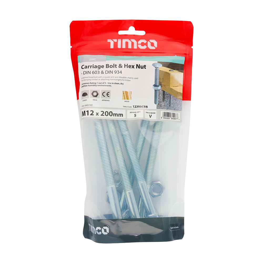 This is an image of Timco - Carriage Bolts & Hex Nuts - Zinc M12 x 200mm - (5 PCS TIMbag) 12200CBB