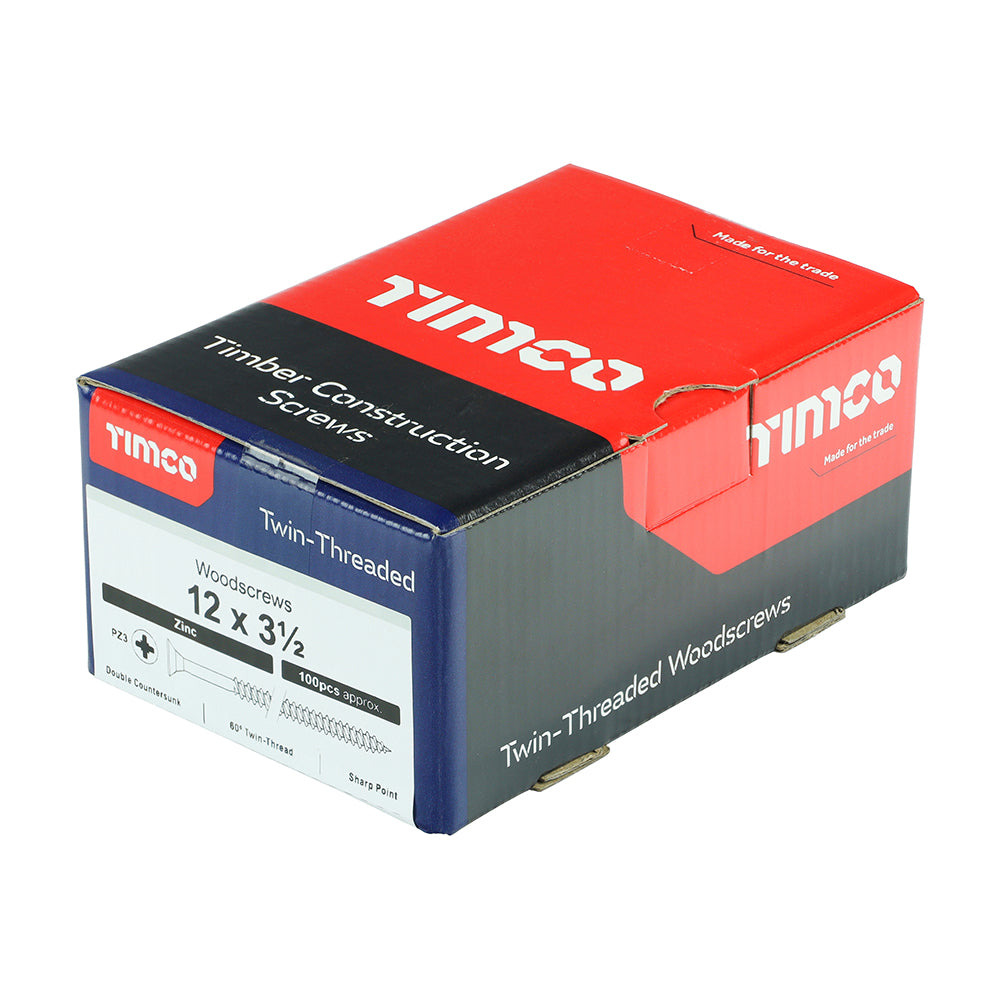 This is an image of Timco - Twin-Threaded Woodscrews - PZ - Double Countersunk - Zinc 12 x 3 1/2" - (100 PCS Box) 12312CWZ