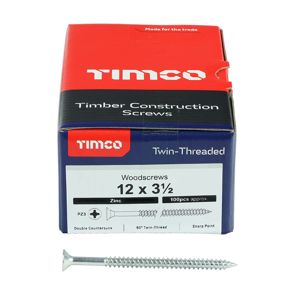 This is an image of Timco - Twin-Threaded Woodscrews - PZ - Double Countersunk - Zinc 12 x 3 1/2" - (100 PCS Box) 12312CWZ