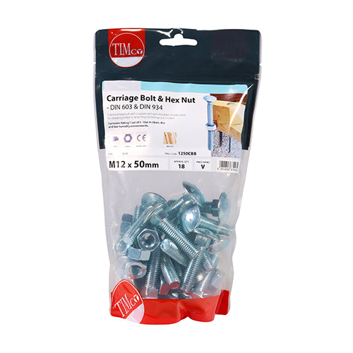 This is an image of Timco - Carriage Bolts & Hex Nuts - Zinc M12 x 50mm - (18 PCS TIMbag) 1250CBB
