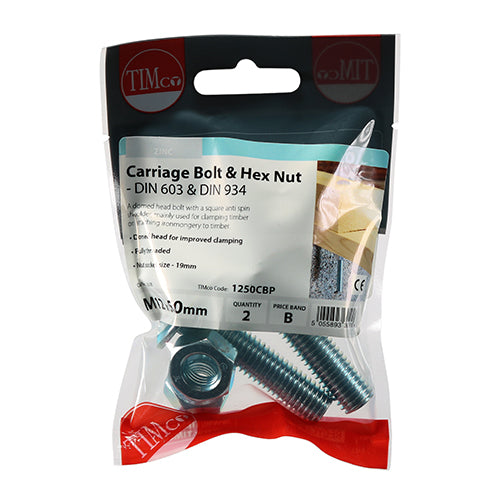 This is an image of Timco - Carriage Bolts & Hex Nuts - Zinc M12 x 50mm - (2 PCS TIMpac) 1250CBP