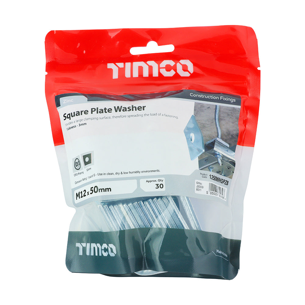 This is an image of Timco - Square Plate Washers - Zinc M12 x 50 x 50 x 3mm - (30 PCS TIMbag) 1250WHSPZB