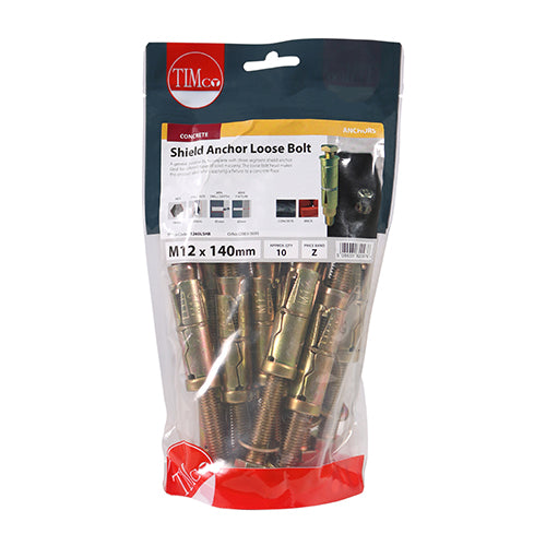 This is an image of Timco - Shield Anchor Loose Bolts - Yellow M12:60L (M12 x 140)mm - (10 PCS TIMbag) 1260LSHB