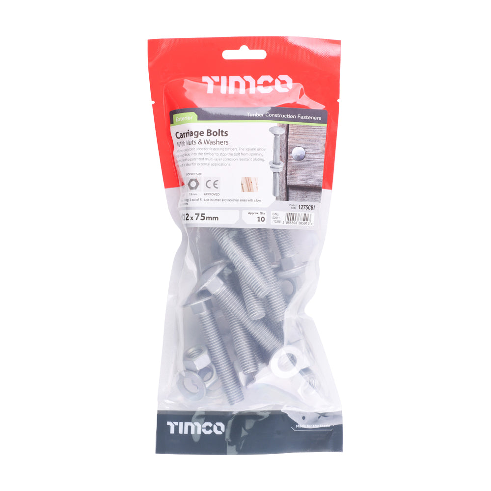 This is an image of Timco - Carriage Bolts Hex Nuts & Form A Washers - Dome - Exterior - Silver M12 x 75mm - (10 PCS TIMbag) 1275CBI