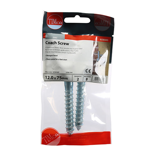 This is an image of Timco - Coach Screws - Hex - Zinc 12.0 x 75mm - (2 PCS TIMpac) 1275CSCP