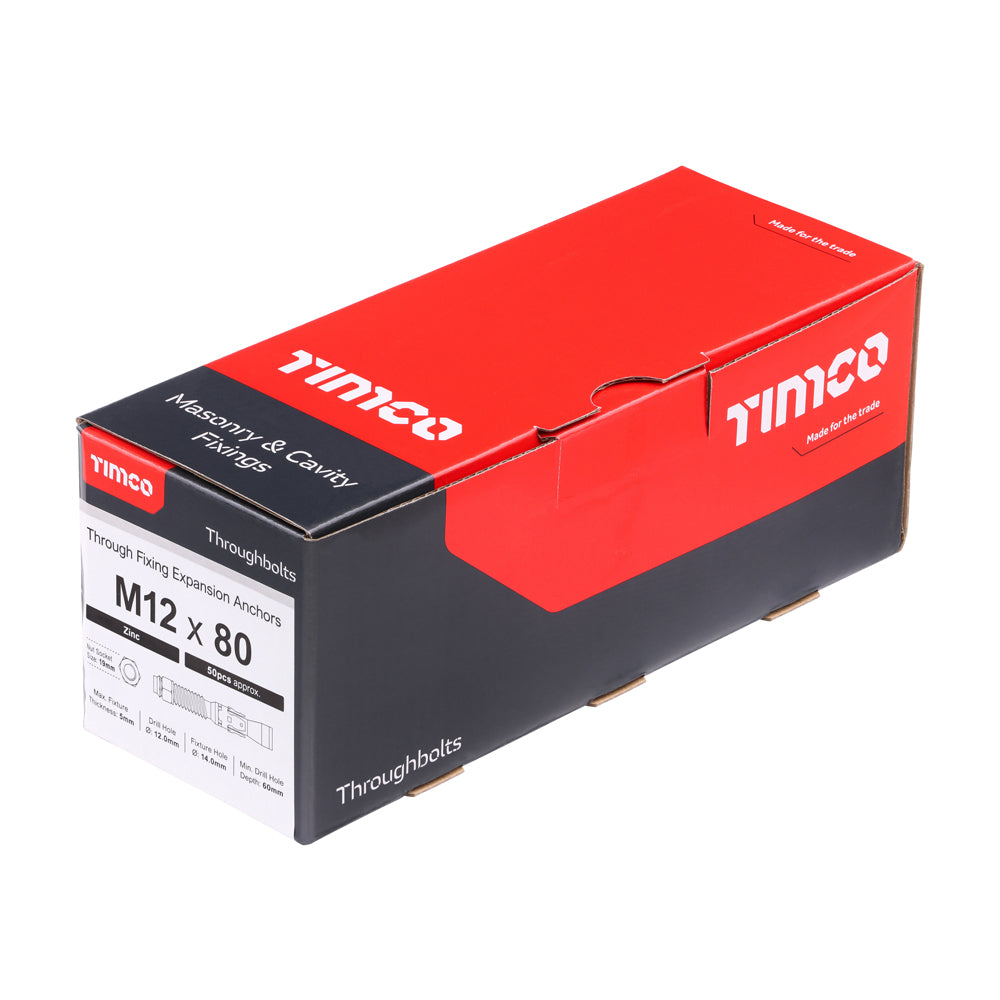 This is an image of Timco - Throughbolts - Zinc M12 x 80mm - (50 PCS Box) 1280TB