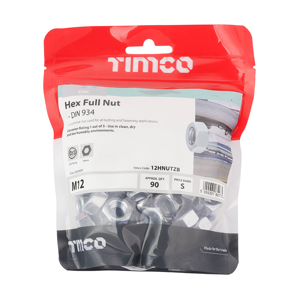 This is an image of Timco - Hex Full Nuts - Zinc M12 - (90 PCS TIMbag) 12HNUTZB