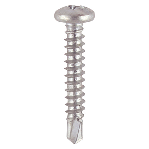 This is an image of Timco - Window Fabrication Screws - Pan - PH - Self-Tapping - Self-Drilling Point - Martensitic Stainless Steel & Silver Organic 4.2 x 19mm - (1000 PCS Box) 132SS