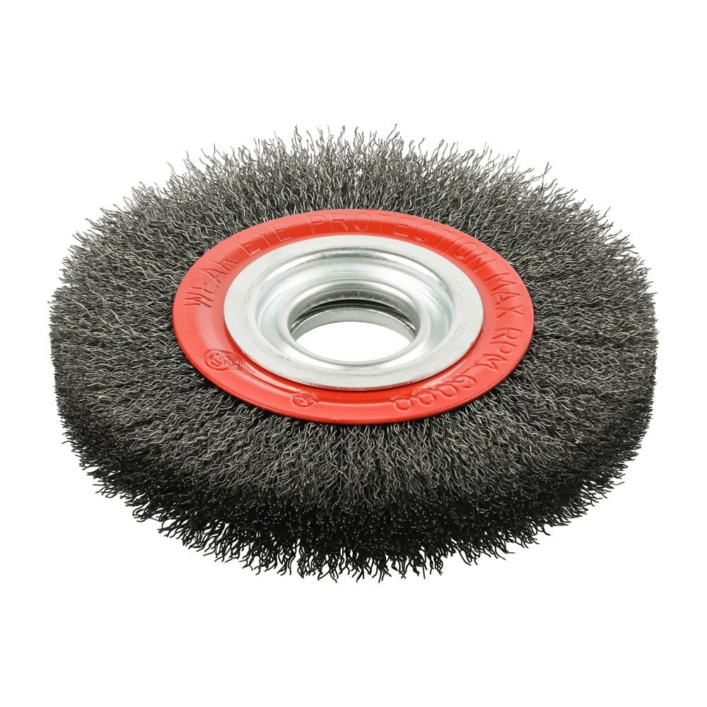 This is an image of Timco - Wheel Brush with Plastic Reducer Set - Crimped Steel Wire 150mm (1 Each Blister Pack) 150HWC