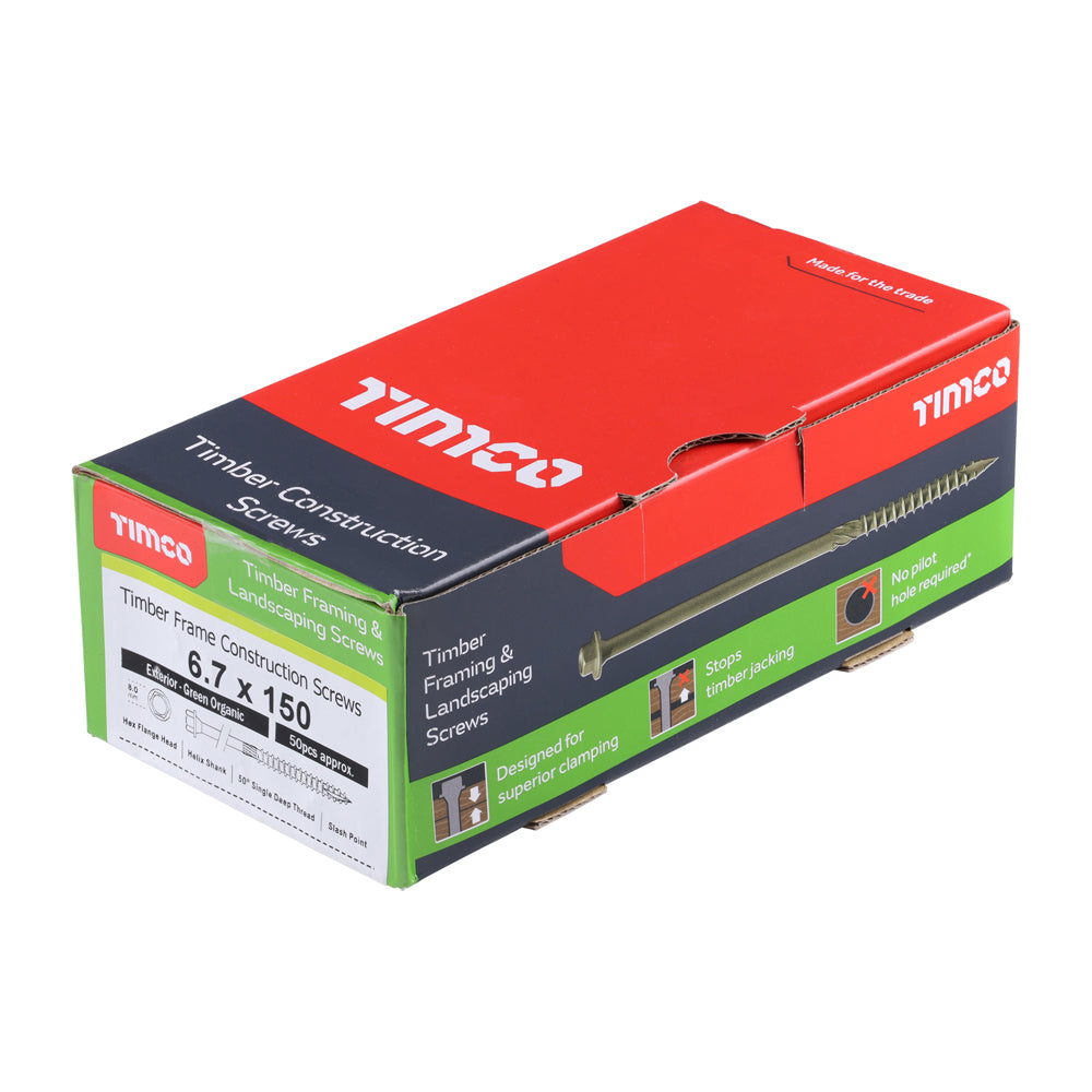 This is an image of Timco - Timber Frame Construction & Landscaping Screws - Hex - Exterior - Green Organic 6.7 x 150mm - (50 PCS Box) 150IN