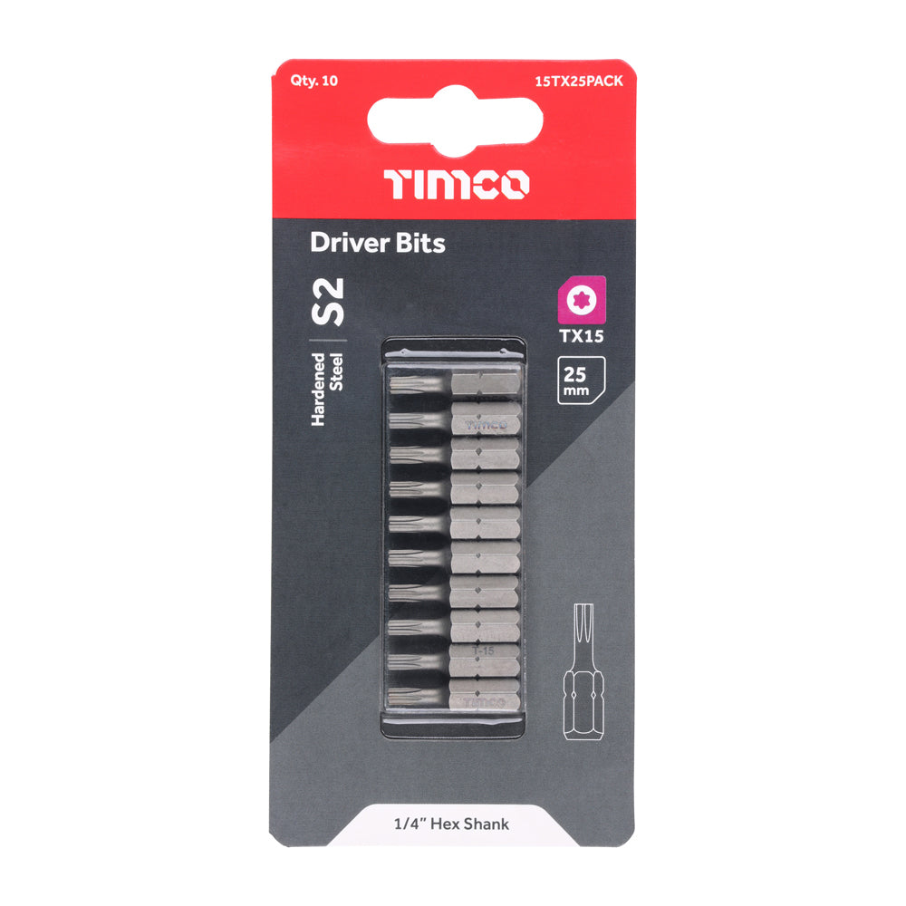 This is an image of Timco - S2 Driver Bits - TX TX15 x 25 (10 Pieces Blister Pack) 15TX25PACK
