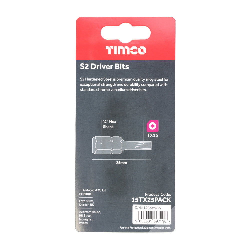This is an image of Timco - S2 Driver Bits - TX TX15 x 25 (10 Pieces Blister Pack) 15TX25PACK