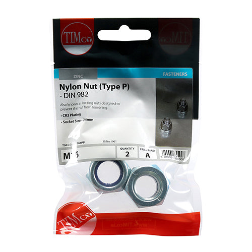 This is an image of Timco - Nylon Nuts - Type P - Zinc M16 - (2 PCS TIMpac) 16NPP