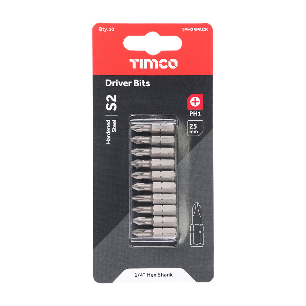 This is an image of Timco - S2 Driver Bits - PH No.1 x 25 (10 Pieces Blister Pack) 1PH25PACK