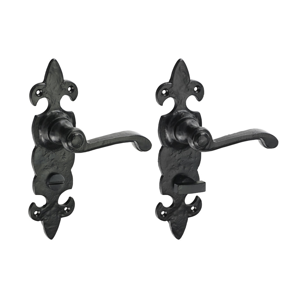 This is an image of Timco - Fleur De Lys Ornate Bathroom Handles - Antique Black 195 x 55 (1 Pairs Box) 200007