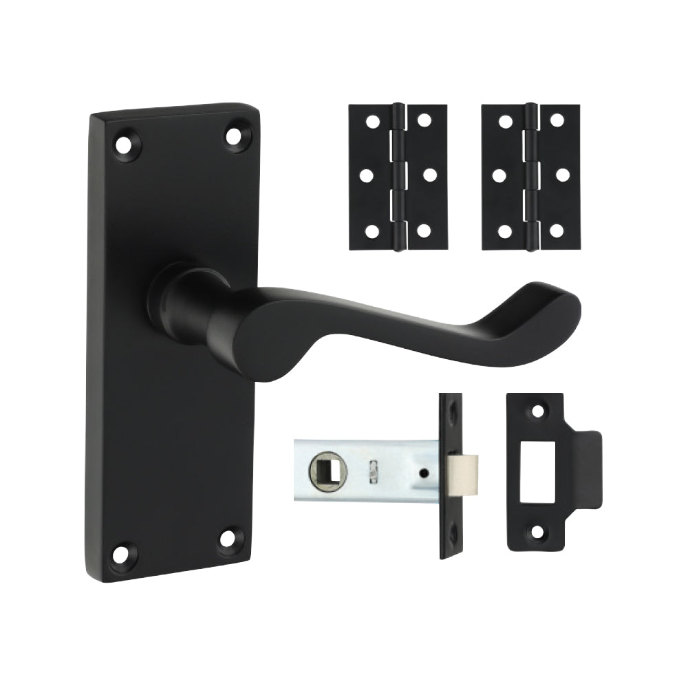 This is an image of Timco - Victorian Scroll Latch Door Pack - Matt Black Mixed (1 Each Blister Pack) 200009