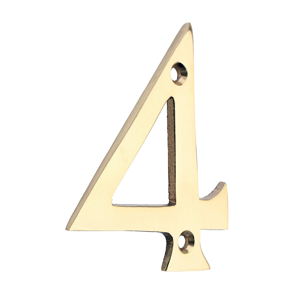 This is an image of Timco - Door Numeral 4 - Polished Brass 75mm (1 Each TIMpac) 200011P