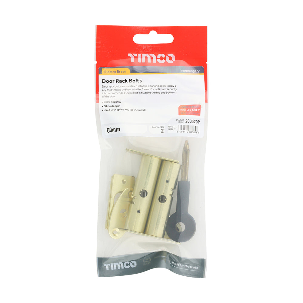 This is an image of Timco - Door Rack Bolts - Electro Brass 60mm (2 Pieces TIMpac) 200020P