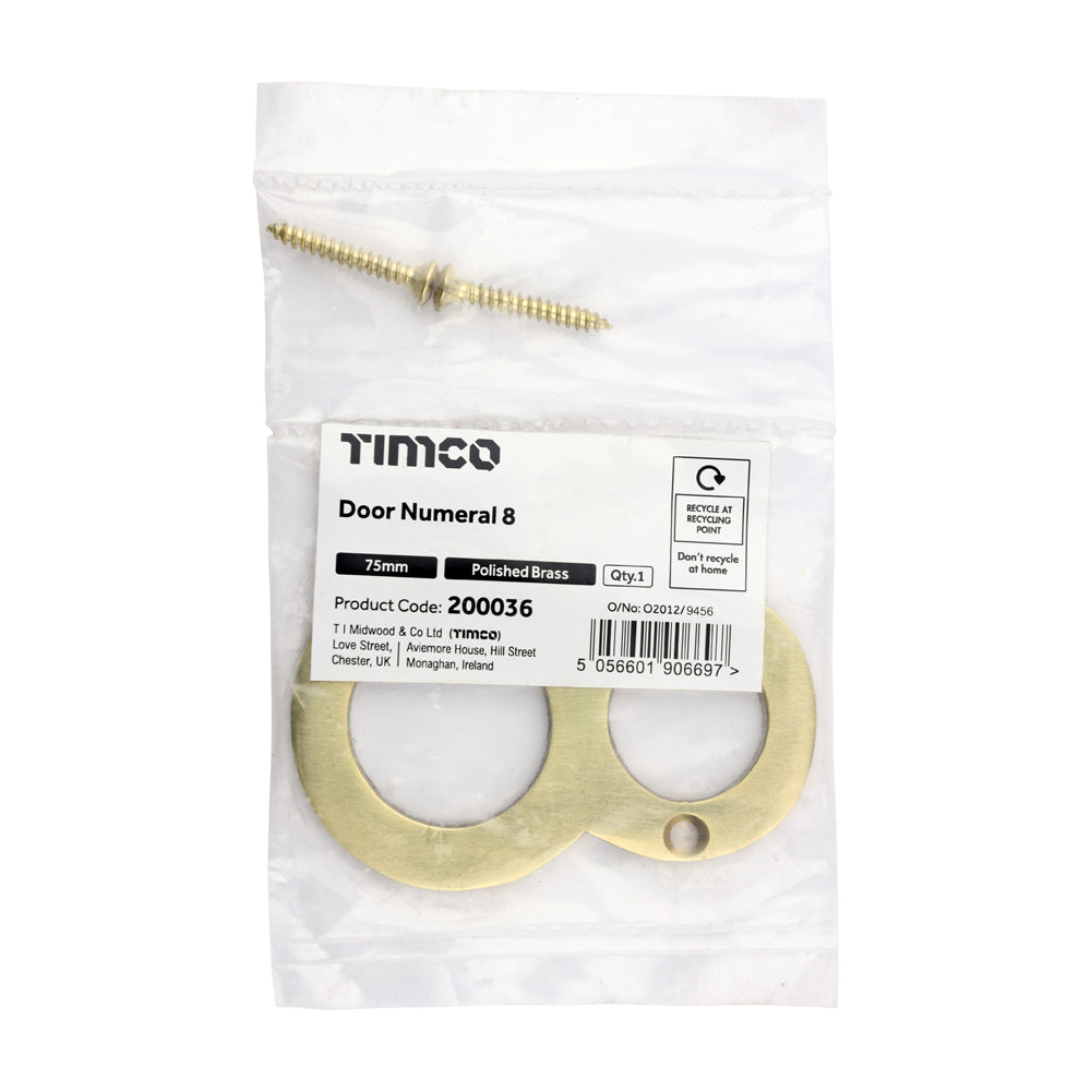 This is an image of Timco - Door Numeral 8 - Polished Brass 75mm (1 Each Bag) 200036