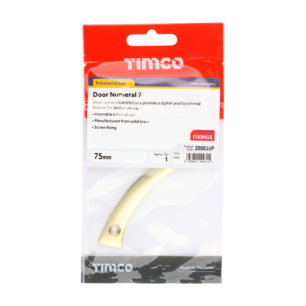 This is an image of Timco - Door Numeral 7 - Polished Brass 75mm (1 Each TIMpac) 200039P