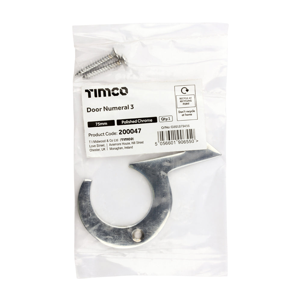 This is an image of Timco - Door Numeral 3 - Polished Chrome 75mm (1 Each Bag) 200047