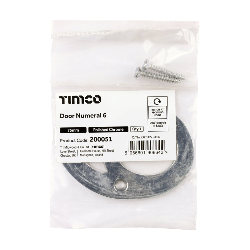 This is an image of Timco - Door Numeral 6 - Polished Chrome 75mm (1 Each Bag) 200051