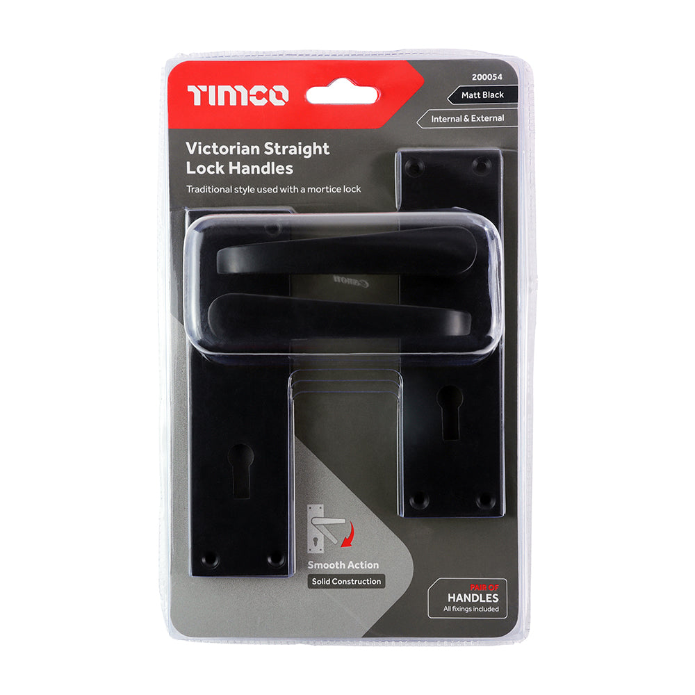This is an image of Timco - Victorian Straight Lock Handles - Matt Black 152 x 43 (1 Pairs Blister Pack) 200054