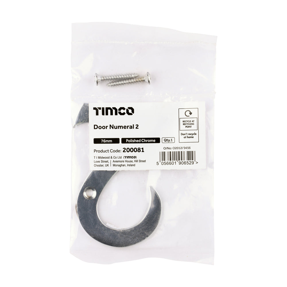This is an image of Timco - Door Numeral 2 - Polished Chrome 76mm (1 Each Bag) 200081