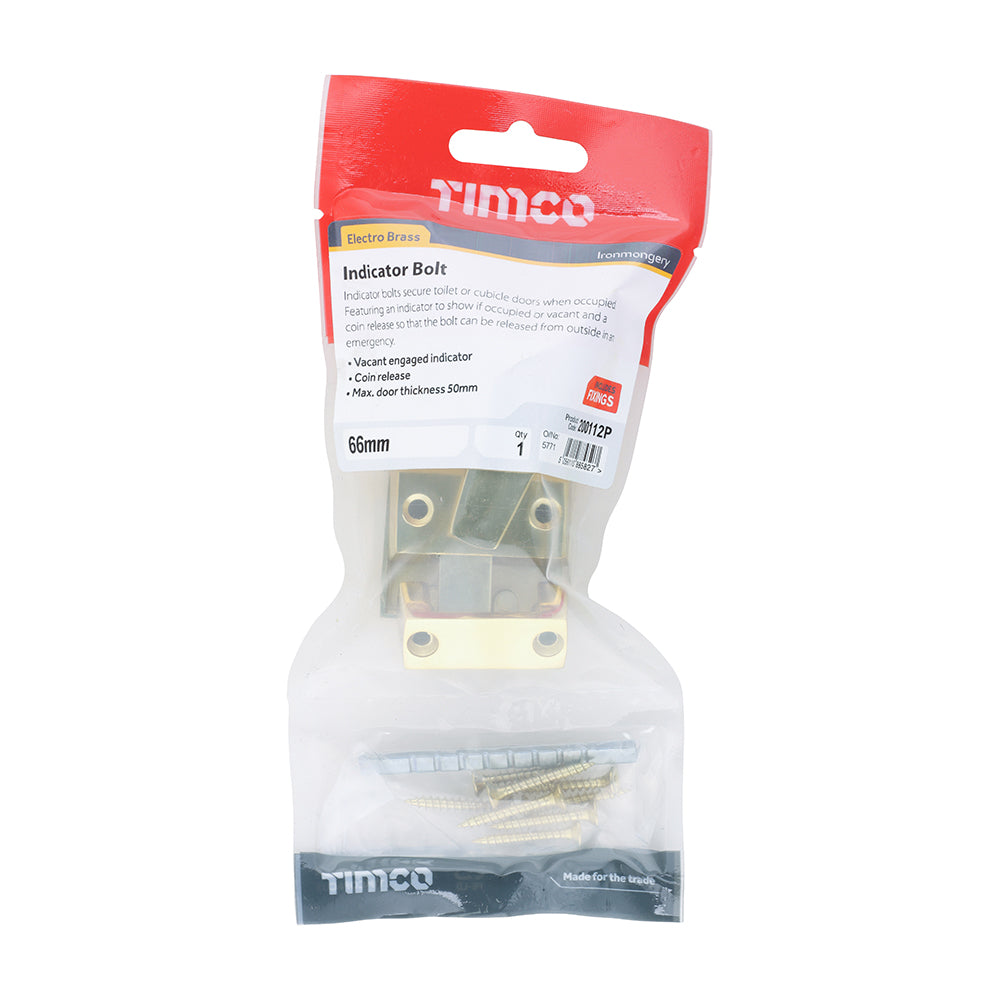 This is an image of Timco - Indicator Bolt - Electro Brass 66mm (1 Each TIMpac) 200112P