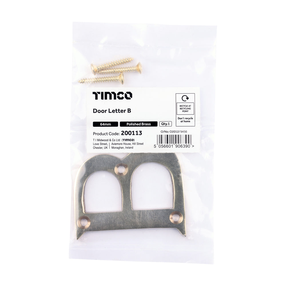 This is an image of Timco - Door Letter B - Polished Brass 64mm (1 Each Bag) 200113