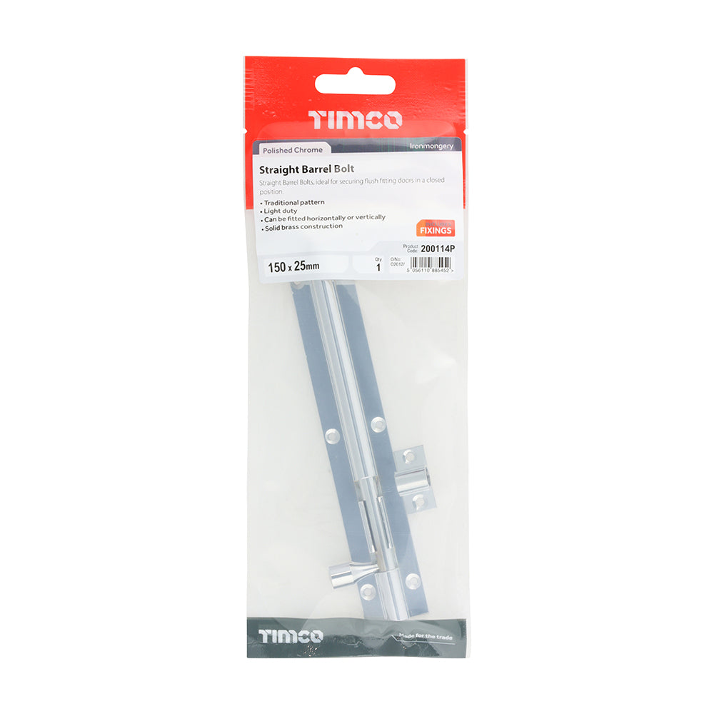 This is an image of Timco - Straight Barrel Bolt - Polished Chrome 150 x 25mm (1 Each TIMpac) 200114P