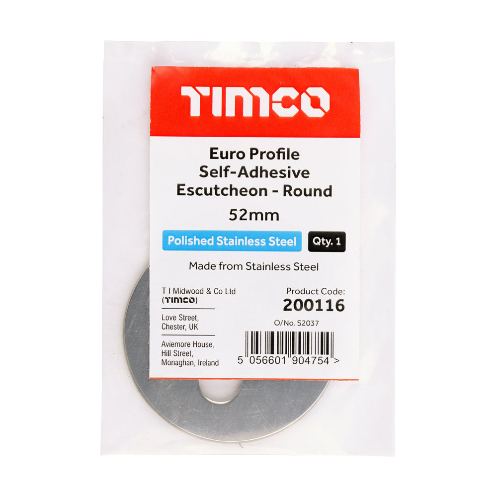 This is an image of Timco - Euro Profile Self-Adhesive Escutcheon - Round - Polished Stainless Steel 52mm (1 Each Bag) 200116