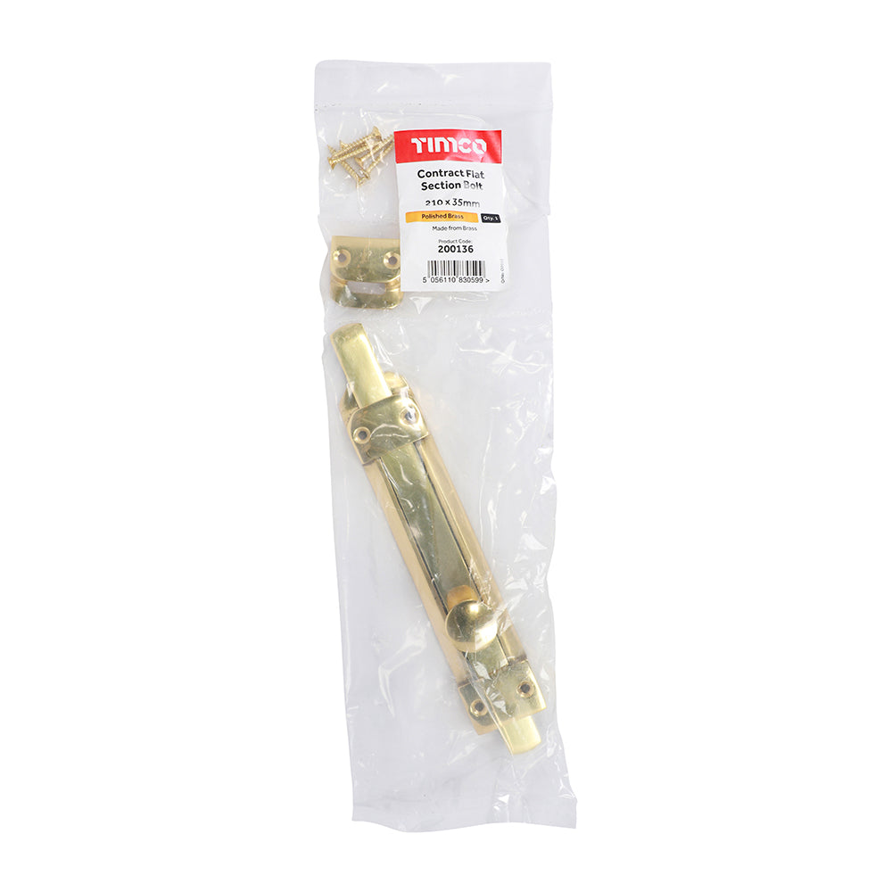 This is an image of Timco - Contract Flat Section Bolt - Polished Brass 210 x 35mm (1 Each Bag) 200136