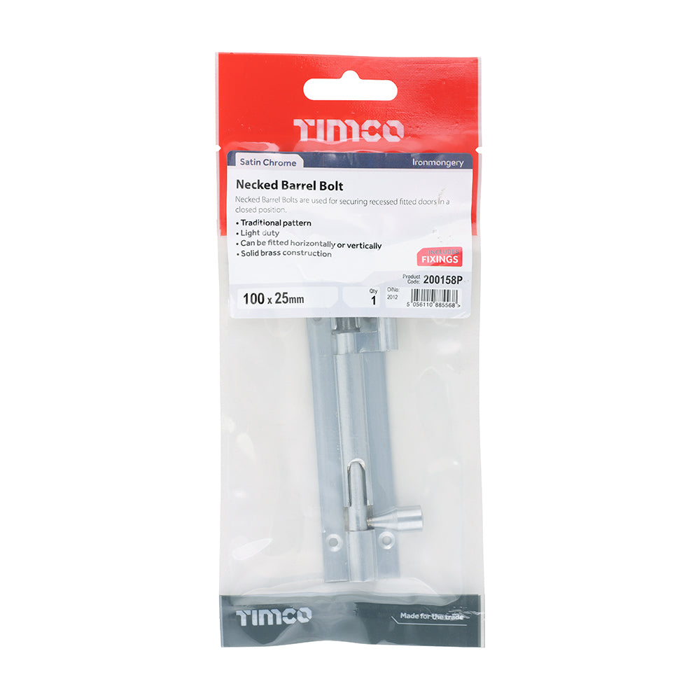 This is an image of Timco - Necked Barrel Bolt - Satin Chrome 100 x 25mm (1 Each TIMpac) 200158P