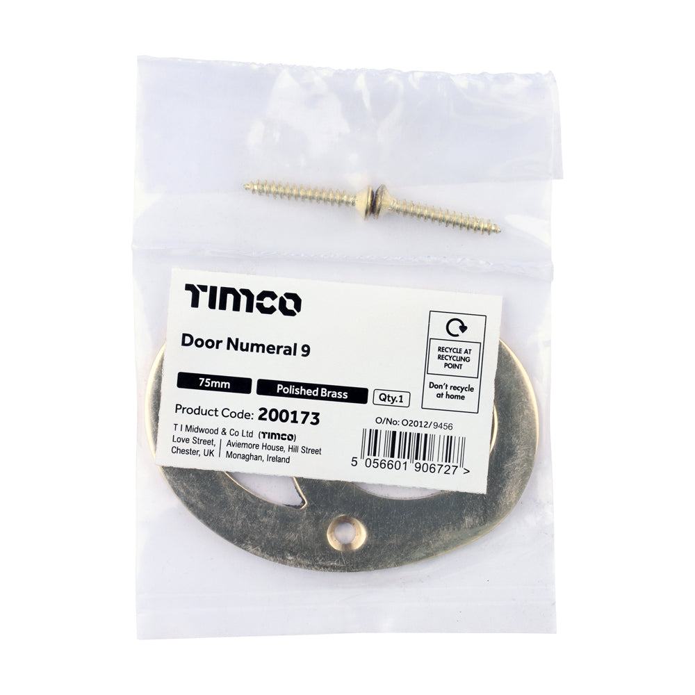 This is an image of Timco - Door Numeral 9 - Polished Brass 75mm (1 Each Bag) 200173