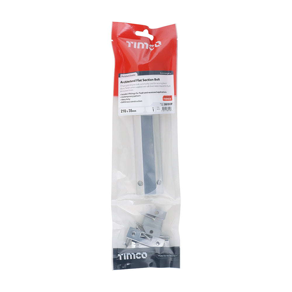 This is an image of Timco - Architectural Flat Section Bolt - Polished Chrome 210 x 35mm (1 Each TIMpac) 200191P