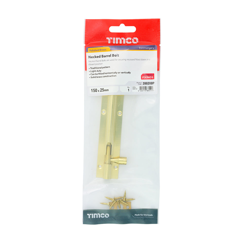 This is an image of Timco - Necked Barrel Bolt - Polished Brass 150 x 25mm (1 Each TIMpac) 200200P