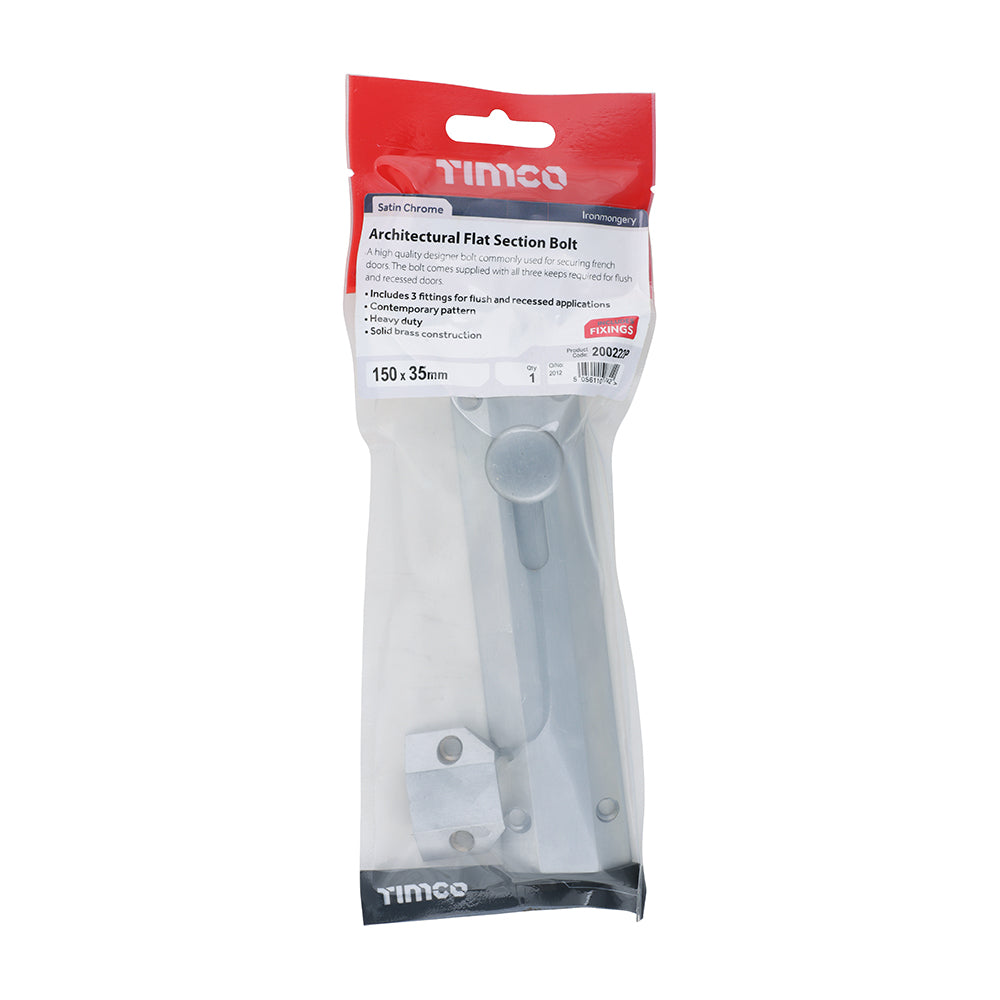 This is an image of Timco - Architectural Flat Section Bolt - Satin Chrome 150 x 35mm (1 Each TIMpac) 200222P